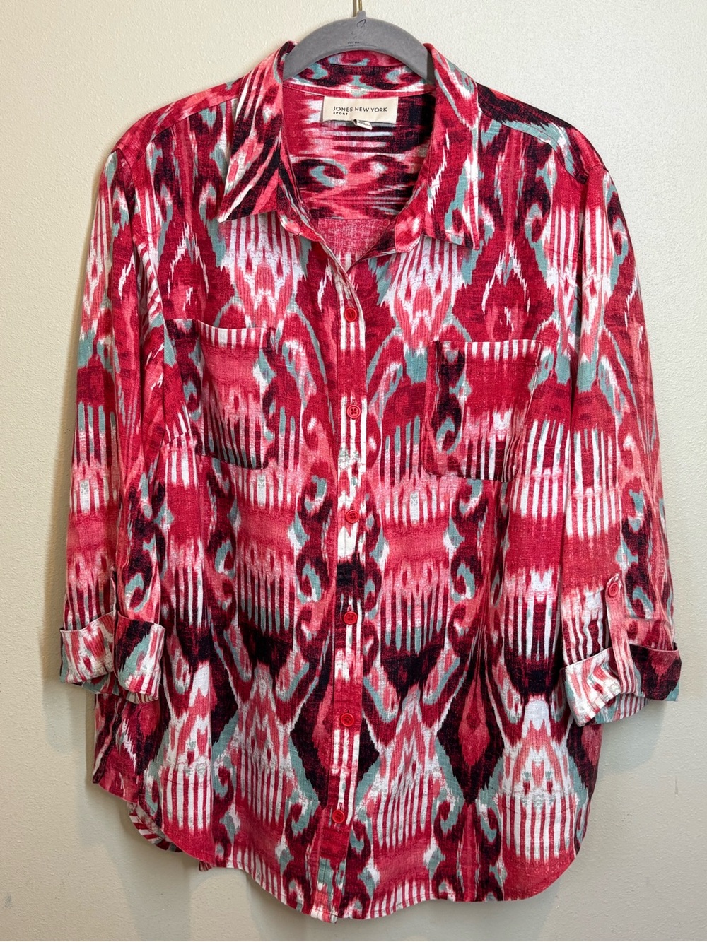 Jones New York Red I-Kat Patterned 100% Linen 3/4 Sleeve Button-Down Top, XL